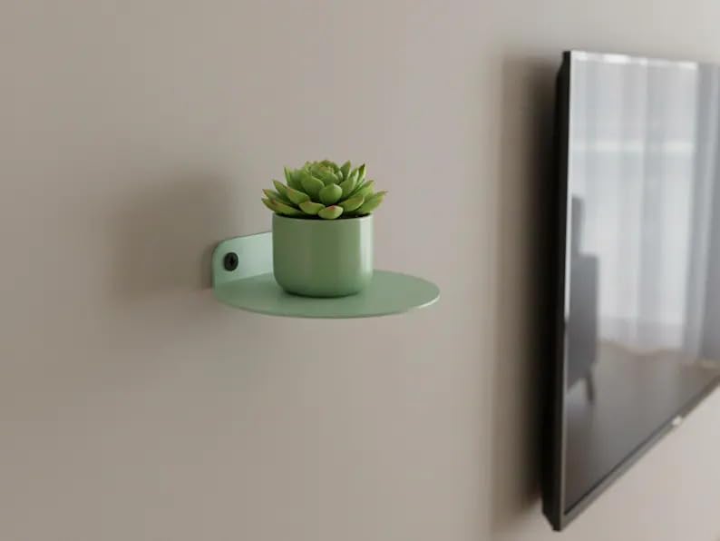 Modern Wall Mounted Plant Shelf, Blue Metal Circular Floating Shelf, Small Hanging Planter Holder for Indoor Plants, Succulents, Herbs, Living Room Bedroom Bathroom Decor