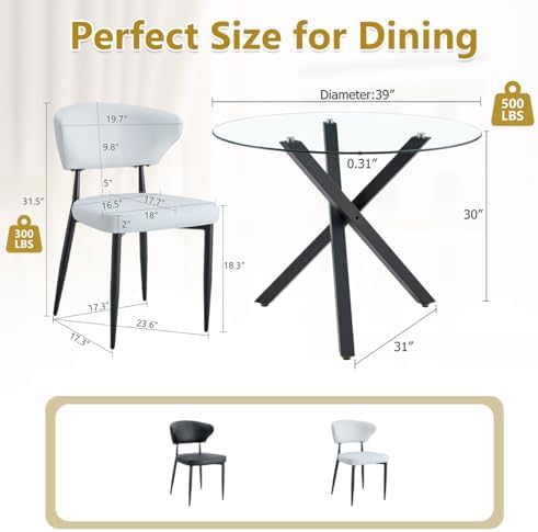Round Glass Dining Table Set for 4, 39" Round Kitchen Table and Chairs for 4 with Tempered Glass Top and Metal Base, 5 Piece Modern Dining Room Table Set for Small Spaces