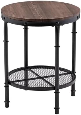 VINGLI Industrial Round End Table - 20" Metal & Wooden Side Table for Couch & Living Room