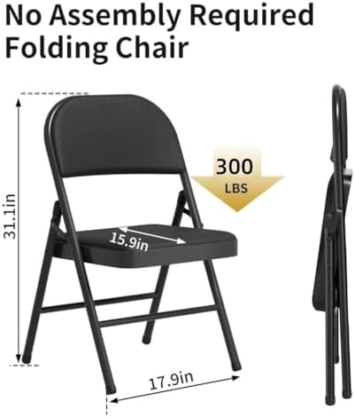 SHGJ&SOFT Set of 2 Folding Chairs with Padded Seats and Backs, Black Metal Frame Chair for Indoor and Outdoor, Home Office, Dorm, Party, Backyard, Lawn, Patio(Black, 2-Pack)