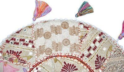 Sophia Art Beautiful Decorative Ruond Ottoman Indian Patchwork Pouffe,Indian Traditional Home Decorative Handmade Cotton Ottoman Patchwork Foot Stool, Embroidered Chair Cover Vintage Pouf 32" (White)