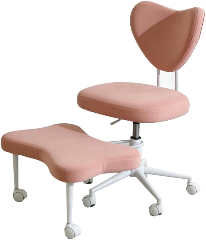 RIGO Ergonomic Cross-Legged Meditation Chair, Height Adjustable Seat with Lumbar Support, Pink Velvet Kneeling Office Chair with Butterfly Footrest, 360° Swivel 300lbs Rolling Chair for Home Office