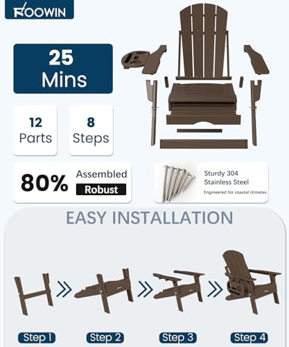 FOOWIN Folding Adjustable Adirondack Chair with Retractable Ottoman Set of 2, HDPE Adirondack Chair w/4 in 1 Cup Holder Trays,All-Weather Resistant Fire Pit Chair for Outdoor Patio Lawn, Coffee