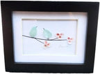 Mini Seaglass Birds on a branch with tiny pink shell flowers. Authentic Seaglass, Made in Maine, Small frame with glass. 3 1/2 by 4 inch framed art Sea Glass with pink shells