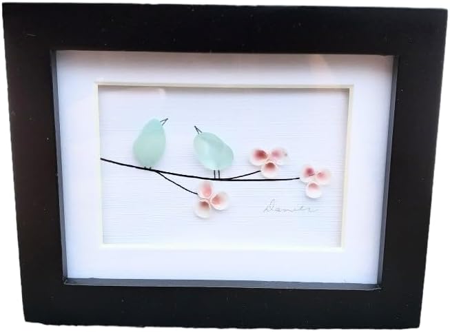 Mini Seaglass Birds on a branch with tiny pink shell flowers. Authentic Seaglass, Made in Maine, Small frame with glass. 3 1/2 by 4 inch framed art Sea Glass with pink shells