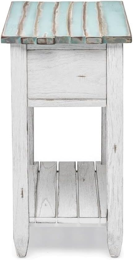 Pemberly Row Contemporary Wood Chairside Table, 25" H x 14" W x 23" D, Mindi and White Cedar, White/Blue Finish, 1 Drawer with Rope Ring Pulls, Coastal Style End Table for Living Room or Bedroom