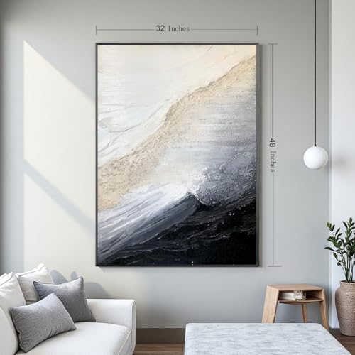 Large 3D Textured Coastal Wall Art in Black and White for Living Room, Hand-Painted Abstract Ocean Wave Oil Painting for Entryways, Modern Minimalist Framed Art for Bedroom Office Decor, Ready to Hang 32" x 48"