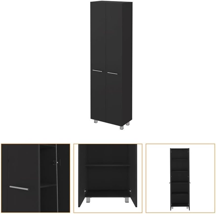 Pemberly Row 79" H Engineered Wood Double Door Pantry Cabinet, Black Finish, 23.3" W x 14.5" D x 78.7" H, 5 Interior Shelves, Metal Handles, Sleek Modern Storage for Kitchen or Home Organization