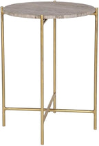 BOWERY HILL Contemporary Accent Table, 22" H x 16" W x 16" D, Dark Travertine Marble Top, Gold Iron Frame, Brown Finish, Stylish Living Room or Bedroom Side Table