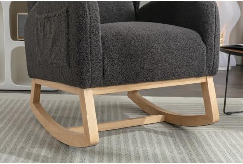 Dark Gray Teddy Rocking Chair for Nursery, Upholstered Glider Rocker with High Backrest, Comfy Accent Armchair with Wooden Legs for Living Room Bedroom