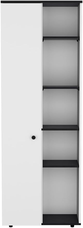 24.4" D*16.53" W*48.03" H Freestanding Kitchen Pantry with 8 Black Shelves, Single Door, Rectangular Storage Cabinet, Modern Minimalist, for Living Room, Dining Room, White