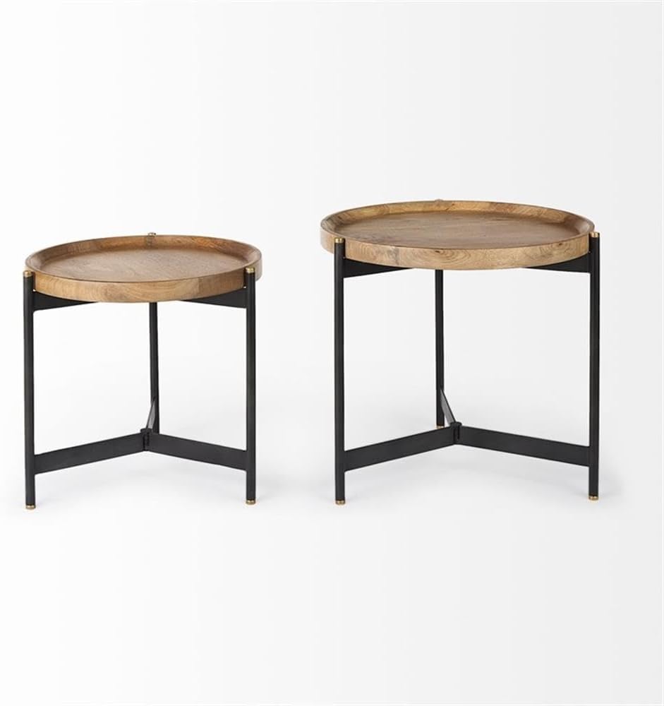 Pemberly Row Nesting Side Tables, 22.5Lx22.5Wx20.8H, Mango Wood Tray Tops, Foldable Black Metal Frames with Gold Accents, Compact Storage, Versatile Accent Tables for Living Room or Bedroom Use