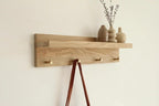 Solid Oak Wall Mounted Coat Rack Shelf with 5 Brass Hooks, Entryway Hanging Key Holder Organizer, Modern Wooden Wall Shelf with Hooks for Hallway, Living Room, Bathroom