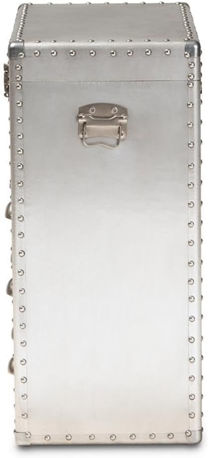 BOWERY HILL 3-Drawer Mid-Century Metal Accent Storage Chest, Silver Finish, Wood and Metal Construction, Vintage-Inspired Rivet Details, Lift-Top Compartment, Bedroom, Living Room, or Entryway Use