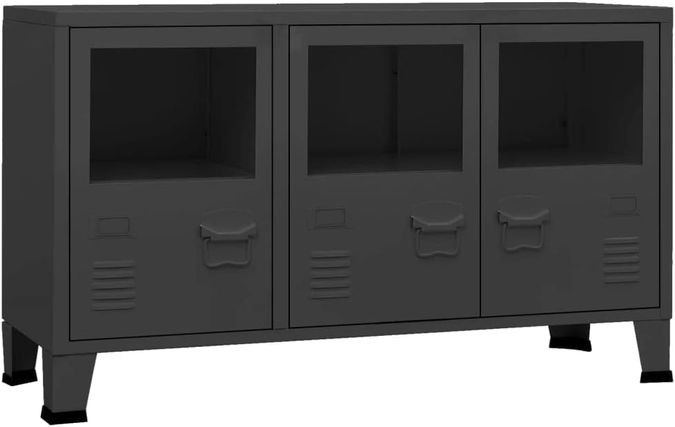 Industrial Metal and Glass Sideboard with Fixed Shelves, Black Rectangular Storage Cabinet for Dining Room and Living Room, Modern Furniture with Matte Finish and Transparent