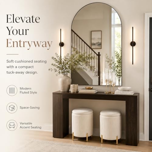 Round Ottoman Foot Stool with Storage and Metal Legs for Living Room Bedroom, Velvet Upholstered Footrest Stool Support 300lbs Modern Padded Seat Ottoman Coffee Table (Cream)