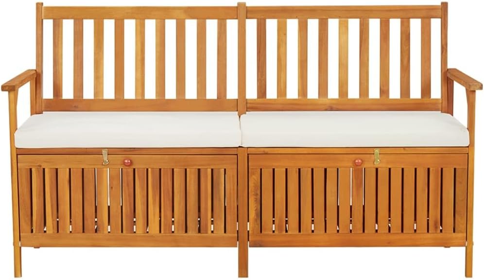 Brown, Cream White Solid Acacia Wood Storage Bench, 67x67x33.1 in, 100% Polyester Fabric, Rustic Outdoor Patio Garden Seating, Entryway Bench Seating