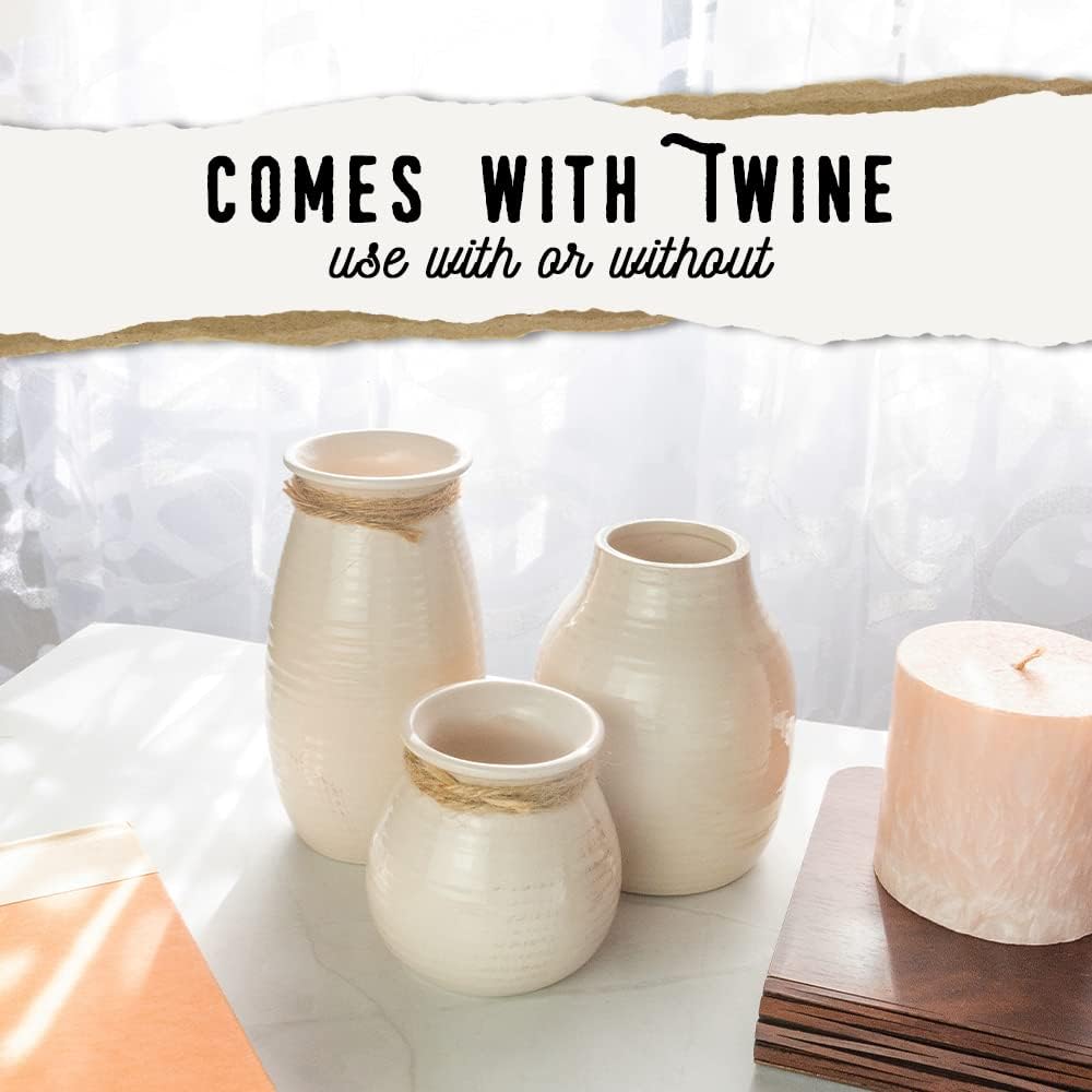 White Vases for Rustic Home Decor - Modern Farmhouse Ceramic Vase Set for Fireplace, Flowers, Living Room - Farmhouse Decorations for The Home, Set of 3