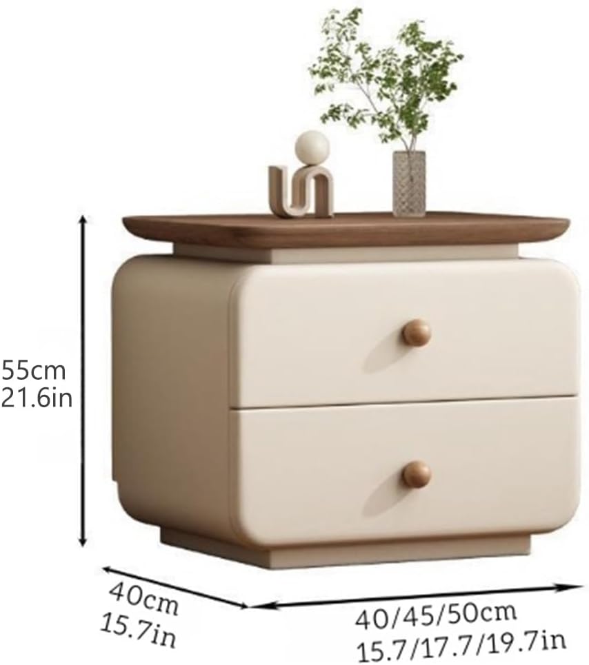 Leather Bedside Table with 2 Drawers, Vintage Wood Nightstand for Bedroom and Living Room
