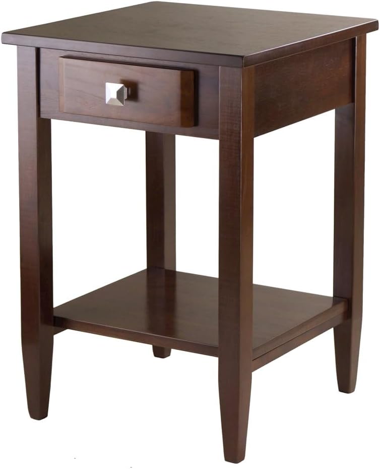 Furnifact End Table with Drawer, Tapered Legs, Lower Shelf, Solid Wood Frame, Walnut Finish, Living Room Storage