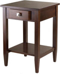 Furnifact End Table with Drawer, Tapered Legs, Lower Shelf, Solid Wood Frame, Walnut Finish, Living Room Storage