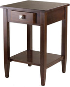 Furnifact End Table with Drawer, Tapered Legs, Lower Shelf, Solid Wood Frame, Walnut Finish, Living Room Storage