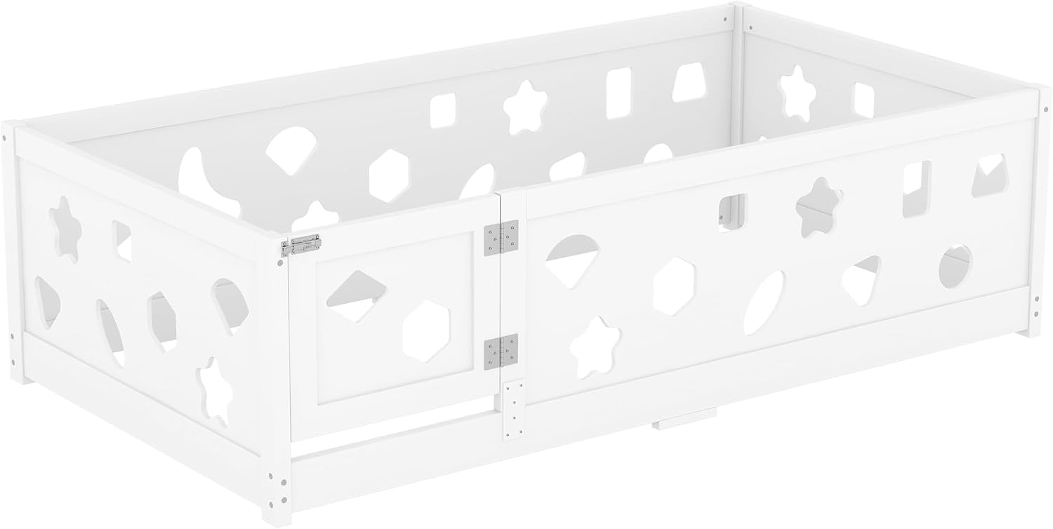 Twin Size Floor Bed with Heightened Safety Guardrails and Door, Solid Wood Bede with Rails for Girls, Boys, Teens, Child Bedroom, Playroom, No Slats Included, White