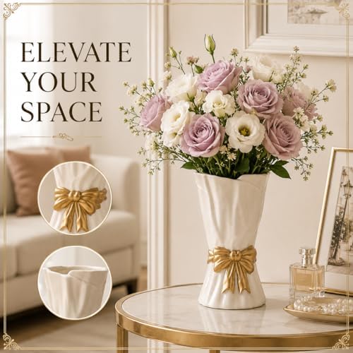 Bow Vase, White Flower Vase for Home Decor, White Ceramic Vases for Boho Style, 9.3 Inch Large Vases for Ideal Shelf/Table/Living Room Decor, Mother‘s Day Gifts