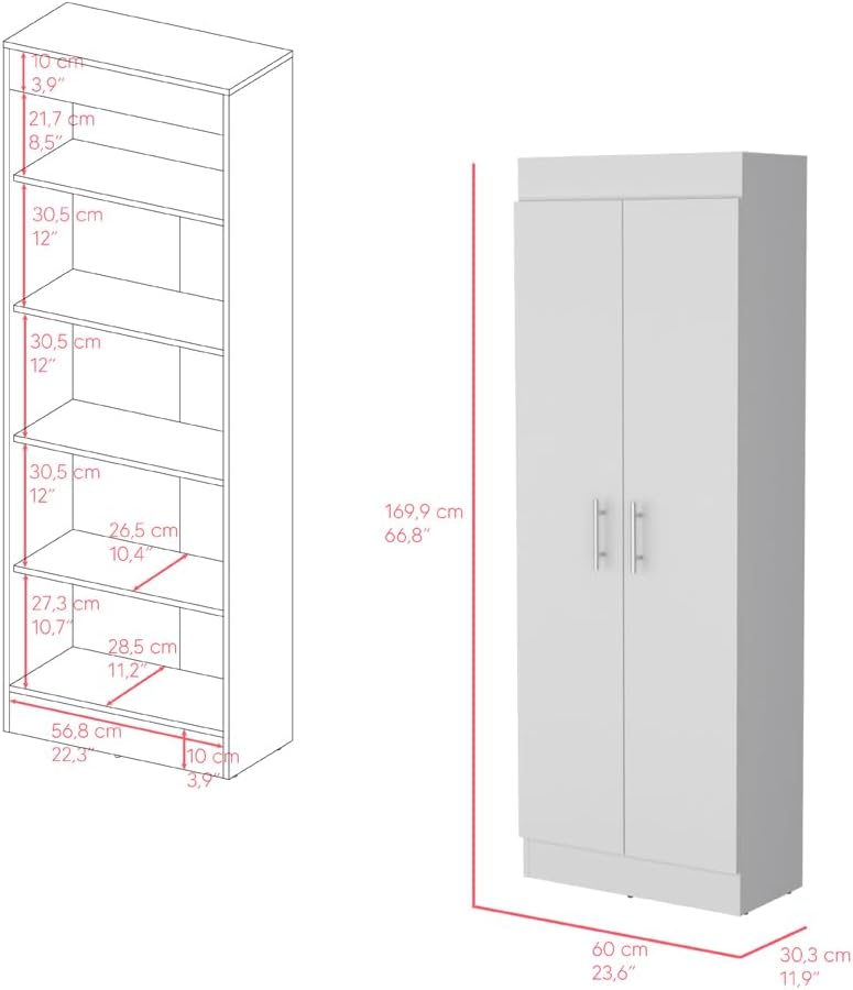 Modern Kitchen Pantry, Storage Cabinet with 2 Doors, White, Engineered Wood, for Dining Room, Easy to Clean