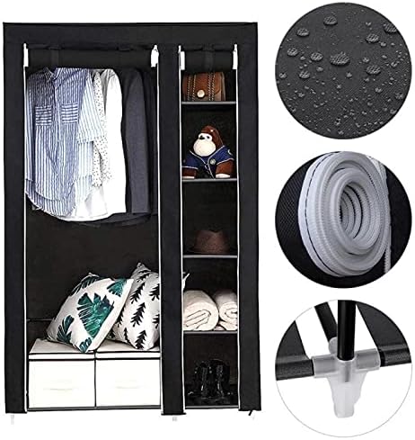 Wardrobe Black Canvas Closet Wardrobe Household Portable Clothes Shoe Storage Organizer Shelf Rack Fabric Bedroom Furnitur Wardrobe Rack (Color : 1PC)