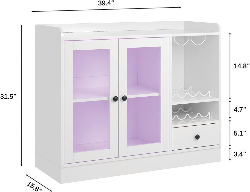 HedoAjim Wine Bar Cabinet with Tempered Acrylic Door & Rack, Freestanding Buffet Sideboard with Glass Holder, Coffee Bar Cabinet for Home Kitchen Living Dining Room, Drawers, Large, LED Lights(White)