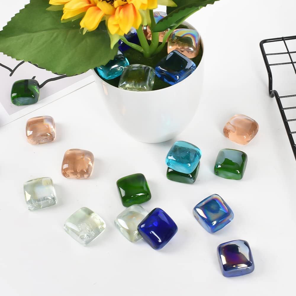 Flat Marbles Glass Beads Square Mixed Color for Vase Fillers Mixed Colour Stone for Succulent Garden Decoration Craft Project Fish Tank Bottom Decoration 1LB