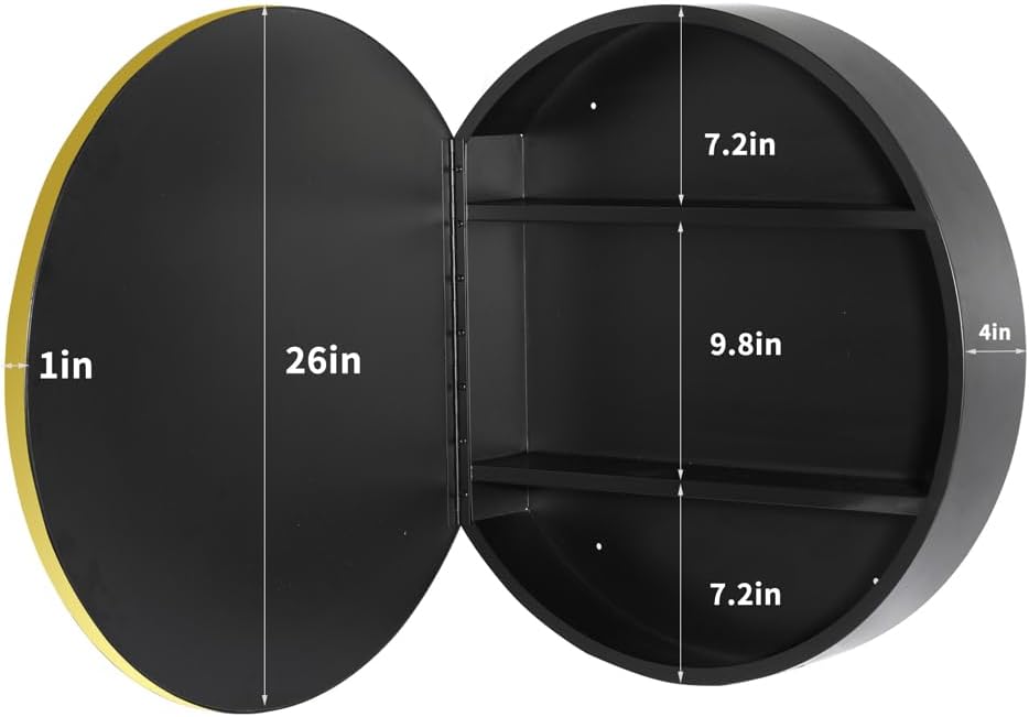 Movo 26 Inch x 26 Inch Round Circle Black Aluminuml Framed Bathroom Mirror Medicine Cabinet, Circular Storage Cabinet Surface Mounted Gold