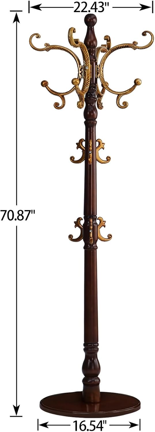 Coat Rack Freestanding, Wooden Coat Tree with Stable Round Base, Vintage Heavy Duty Coat Rack Stand with 14 Hooks, Coat Hanger Stand for Bedroom, Office, Entryway (Vintage)