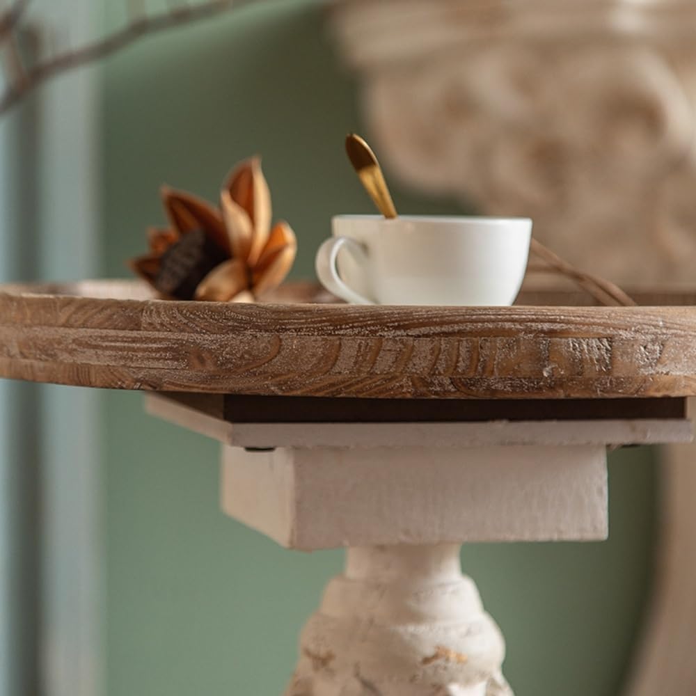 Vintage Round Side Table with Carved Pedestal, Rustic Accent End Table for Living Room, Balcony or Entryway Decor