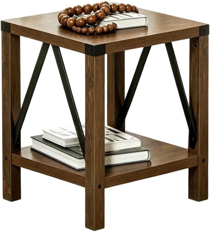 Brown Farmhouse Nightstand Set of 2, Rustic End Table with Barn Door and Shelf, Bedside Table