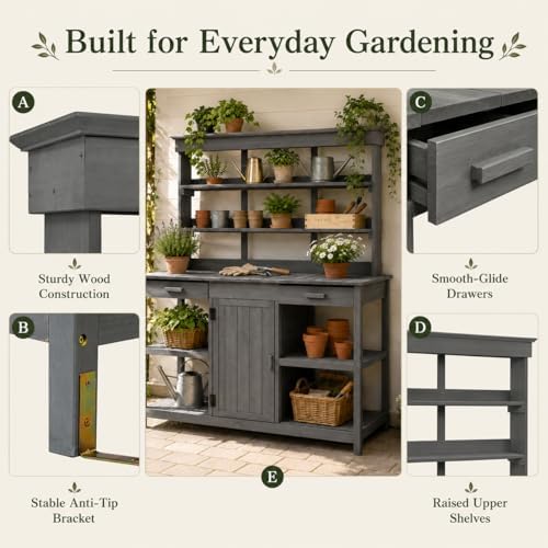 Outdoor Potting Bench with Open Shelves and Cabinet, 66 in | Fir wood, countertop, open shelves, enclosed cabinet, anti-fall device, garden workstation, 50.2 W x 19.7 D x 66 H in