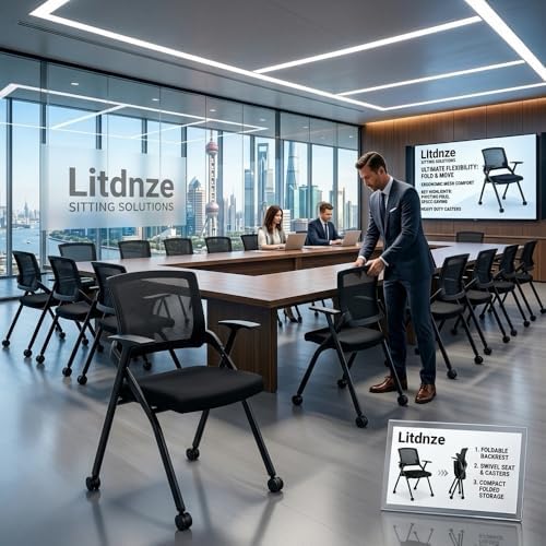 8 Pack Folding Office Chair with Wheels, Heavy Duty Mesh Back Nesting Conference Meeting Chair with Arms, Rolling Space-Saving Seating for Training Room, Home Office, Guest Reception & Waiting Area