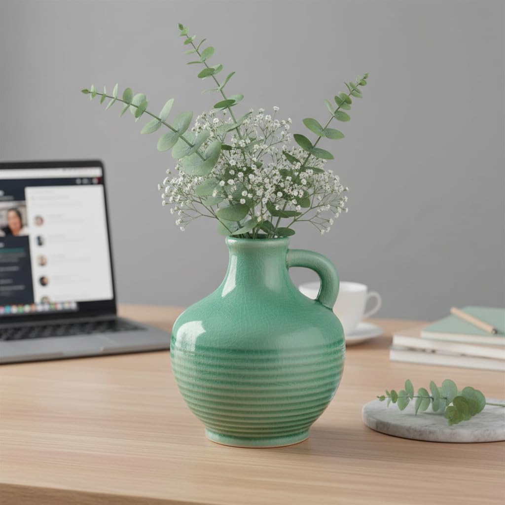 Sunddo Green Ceramic Vase 6 Inch - Small Decorative Vases with 1 Handle, Textured Modern Vase for Home Decor, Bathroom, Bedroom, Living Room, Centerpiece, Table Decor