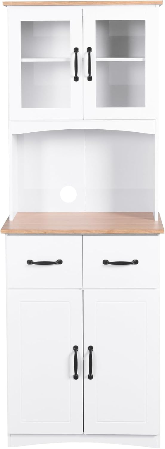 Modern Kitchen Cabinet with Hutch,Freestanding Kitchen Pantry Organizer with Microwave Stand, Wooden Buffet Cabinet for Dining Room