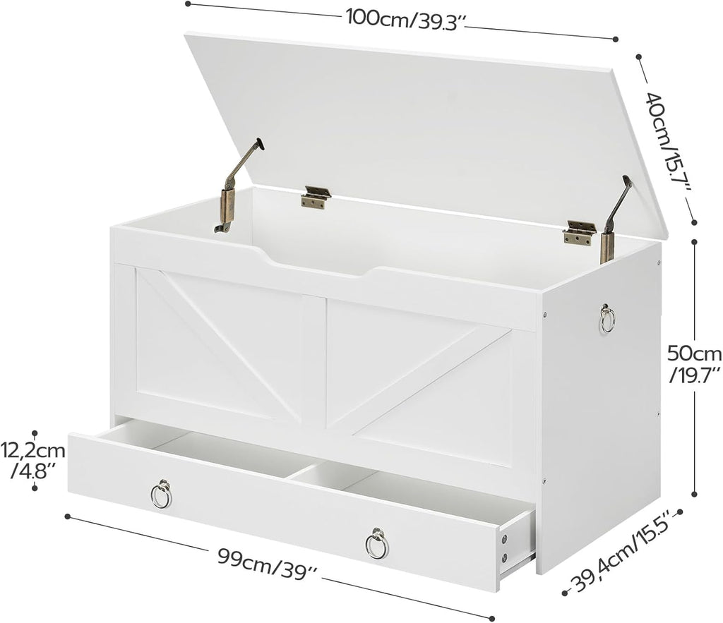 HOOBRO Storage Chest, 39.3" Toy Chest with Drawer, Wooden Storage Bench, Sturdy Entryway Bench Supports 220 lb, Shoe Bench, Safety Hinge, U-Shaped Opening, Easy Assembly, White WT710CW01G1