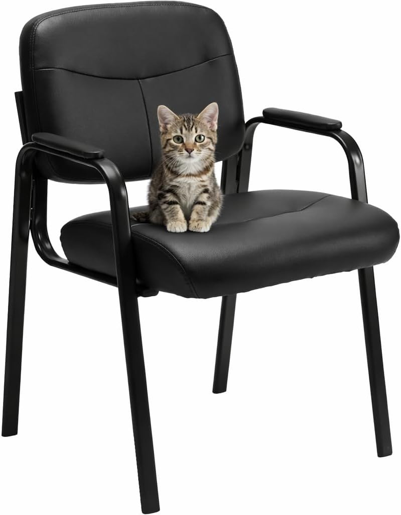 Leather Waiting Room Chair No Wheels, Office Guest Reception Seating with Padded Arms, Stationary Conference Table Chair for Lobby Clinic Home Desk Bedroom, Comfortable Dining Kitchen Armchair, Inky