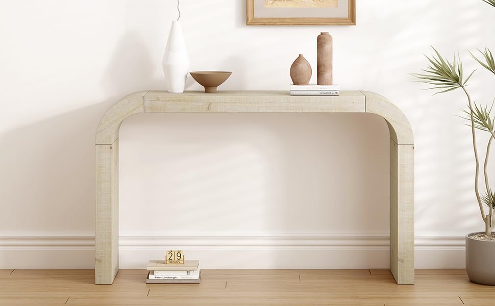 52" Wood Console Table with Curved Edge, Natural Texture, Perfect for Entryways and Living Rooms