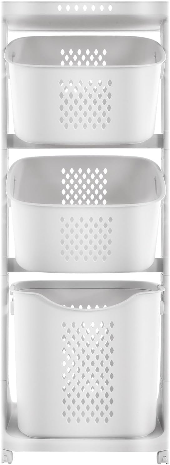 3-Tier Rolling Laundry Basket Organizer Sorter with Wheels, Vertical Removable Dirty Clothes Laundry Hamper Cart for Laundry Room Organization Dorm, Closet, Bathroom