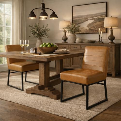 HomePop Channeled Metal Dining Chair | HomePop Home Décor | Single Pack - Caramel Brown Faux Leather