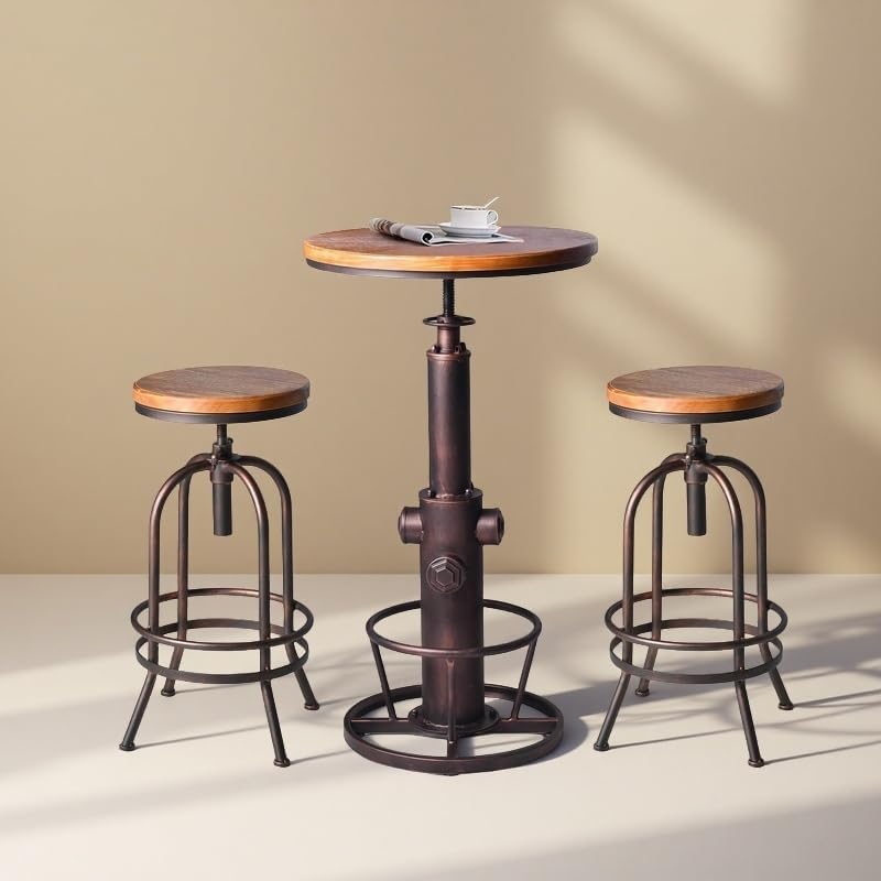 Industrial Bar Table Swivel Round Wooden Top Height Adjustable 38.6-44.4inch Vintage Kitchen Dining Chair Coffee Table Hydrant Design Bistro Table