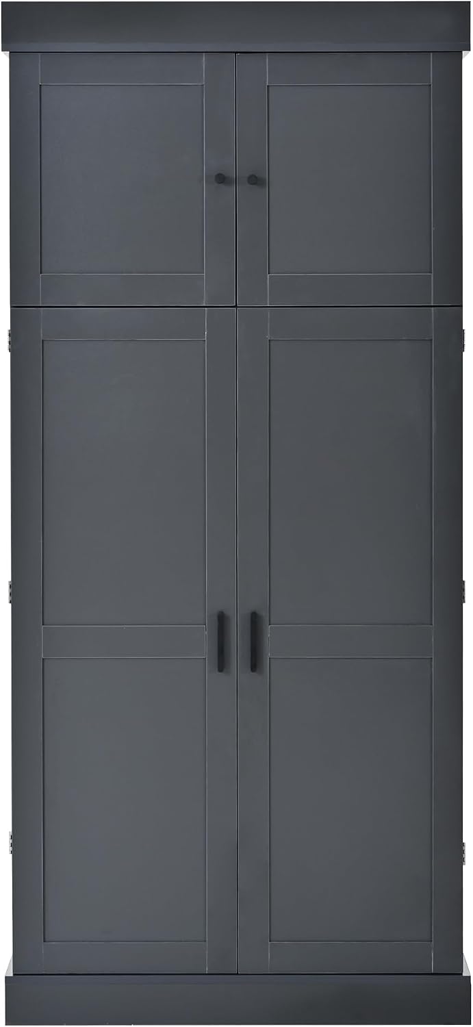 77'' Tall Freestanding Kitchen Pantry, Kitchen Storage Cabinets with Adjustable Shelves, Door Shelves, Drawers and Wine Racks, Versatile Cupboard for Dining Room, Living Room,Grey