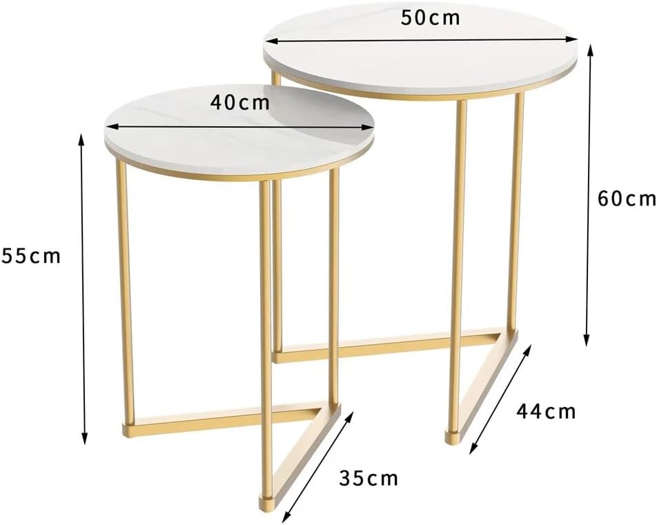 Set of 2 Modern Round Marble Metal Base Nesting Set Side Accent Table Living Room Storage Small End Table, Coffee Table, Marble and Gold