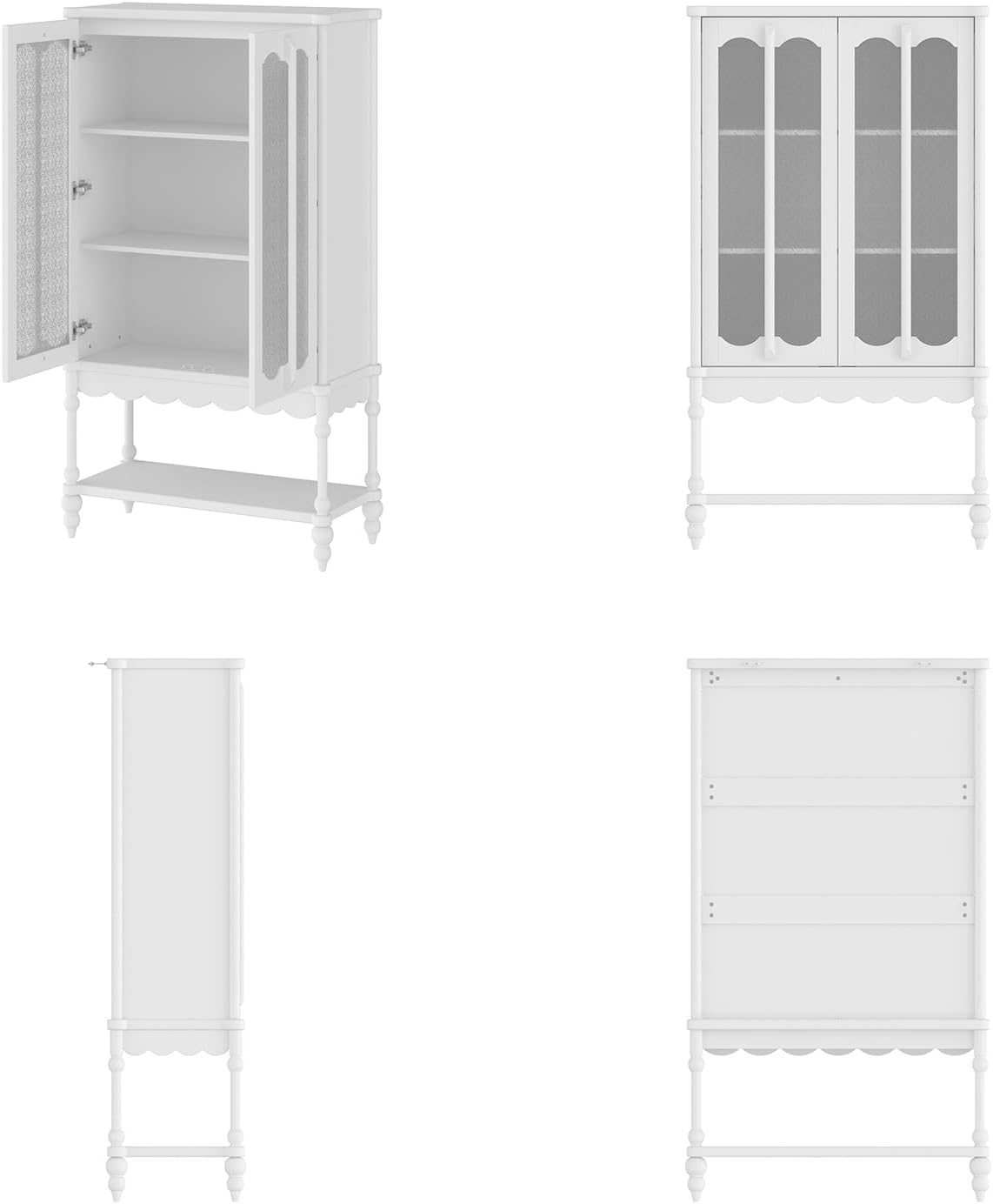 ECACAD 62.2" H Vintage 4-Tier Kitchen Pantry Freestanding Accent Storage Cabinet with Embossed Glass Doors, Solid Wood Legs & Bottom Shelf for Dining Room, White