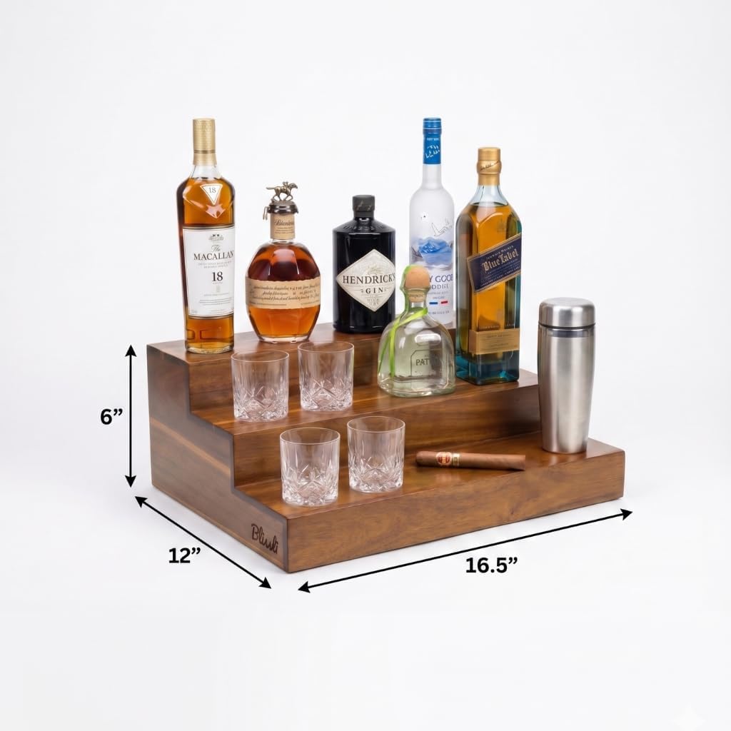 Premium Real Acacia Wood 3-Tier Liquor Bottle Display Shelf | No Assembly, Water Resistant, Extra Deep Steps, Bar Stand for Whiskey, Wine